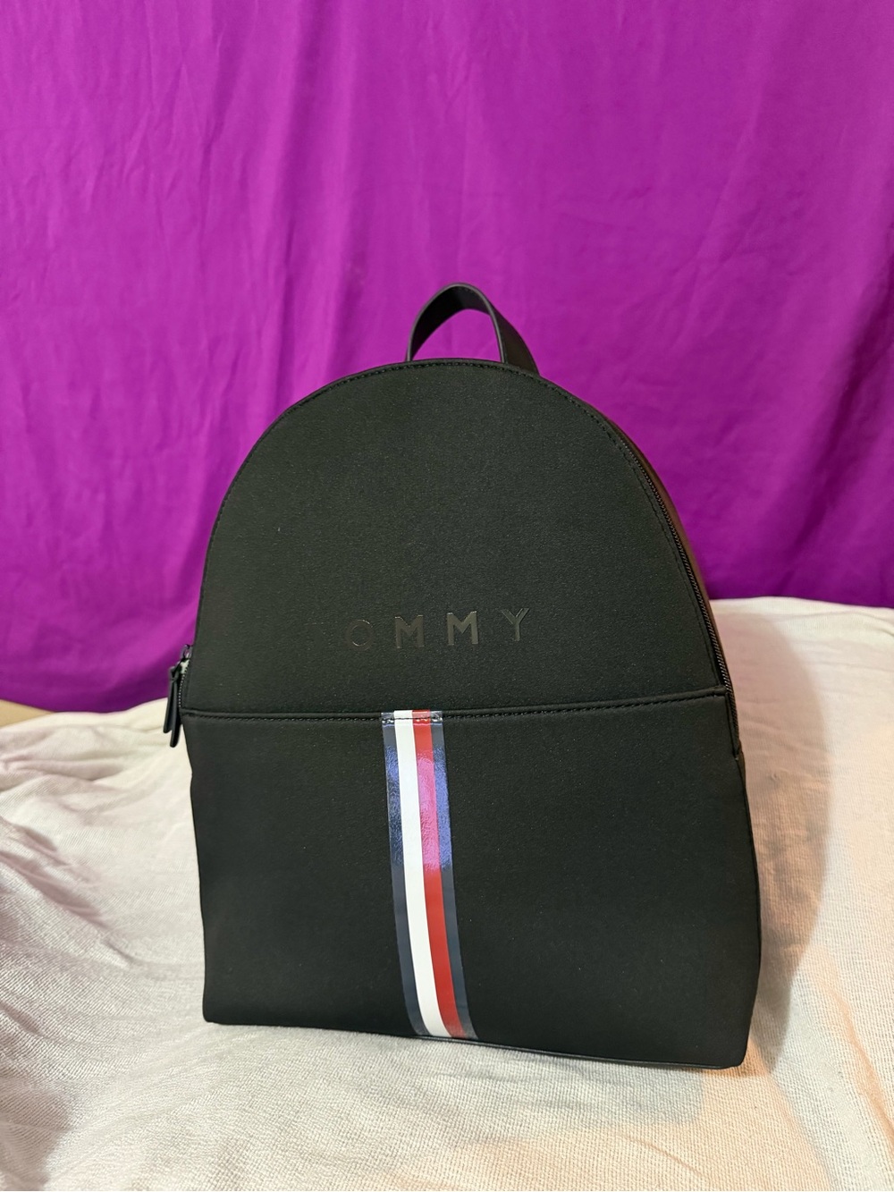 Tommy Hilfiger Black Backpack with Red White and Blue Stripe